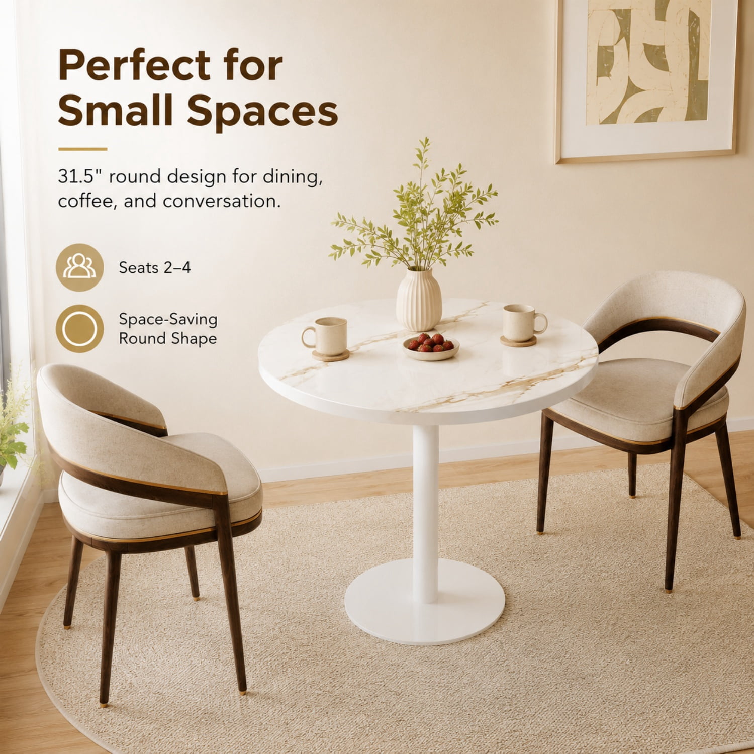 Miniyam 31.5 in. Round Tulip Dining Table for 2-4, Glossy Stone-Look Pedestal Table for Kitchen or Small Spaces, White
