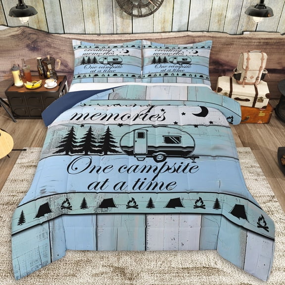 Erosebridal Teens Vintage RV Car Full Size Comforter Sets 3 Pieces,Boys Girls Happy Camping Bedding Sets,Navy Blue Reversible,Lightweight Room Decor