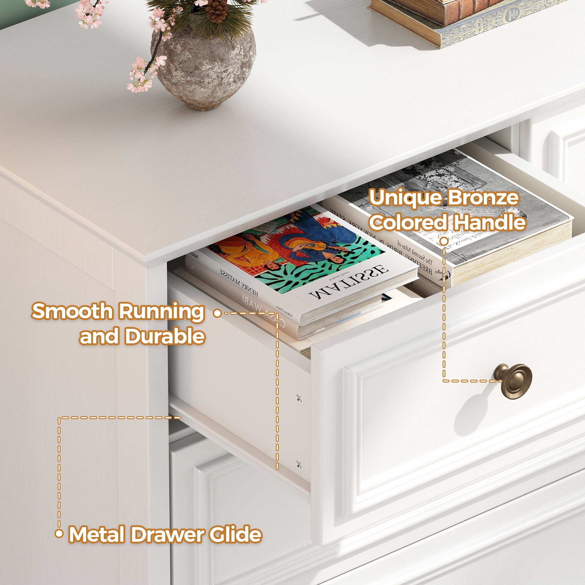 9 Drawer Dresser for Bedroom, Wood Chest of Drawers, Rustic-Style Dresser with Metal Handles, Tall Storage Dresser Organizer, White