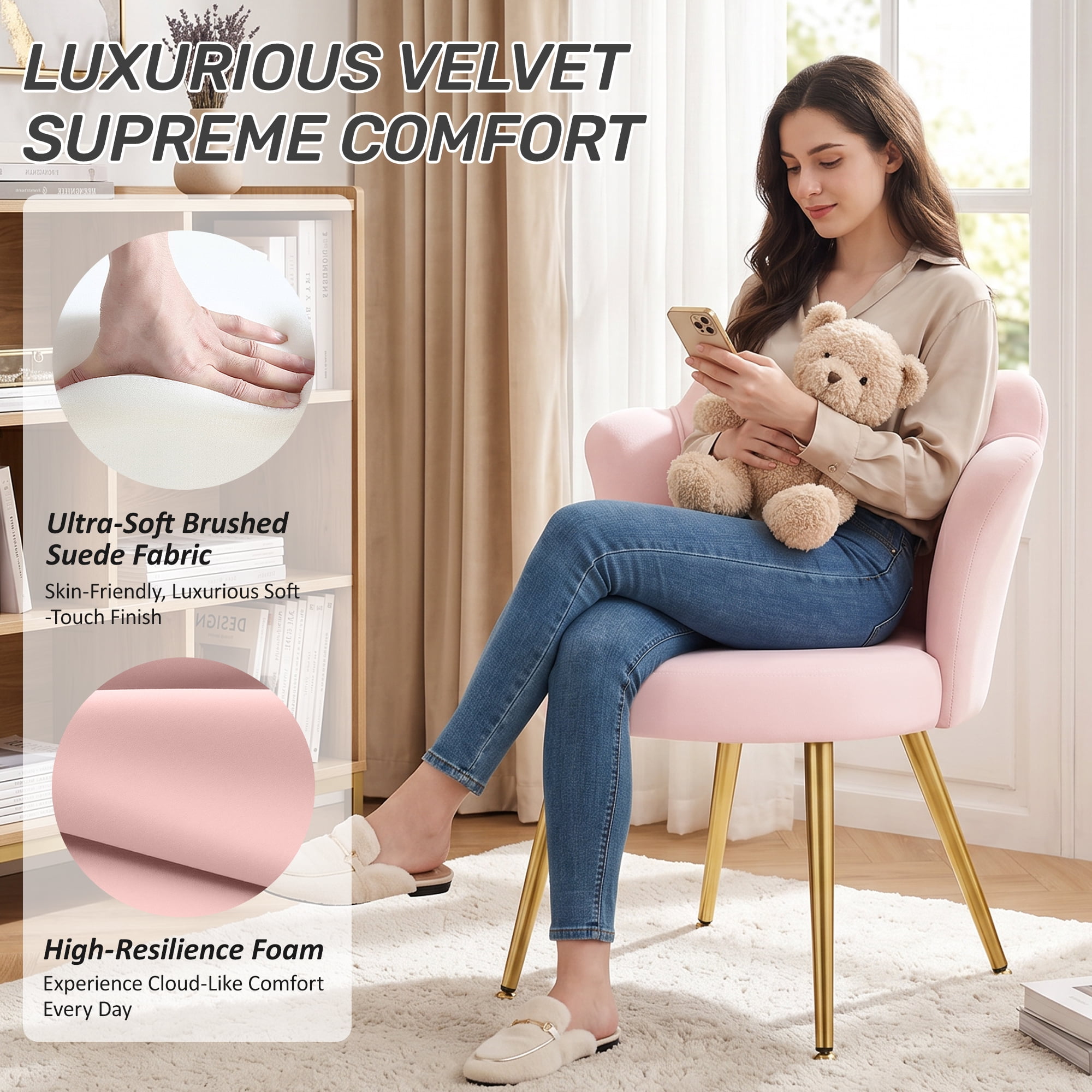 COOLHUT Petal Velvet Vanity Chair, Flower Cute Girls Mack Up Vanity Stool Chair with Lumber Pillow and Adustable Gold Legs, Upholstered Small Desk Chair for Living Room Bedroom Home Office, Pink