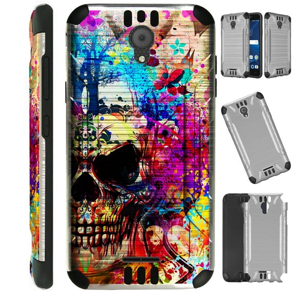 WORLD ACC Silver Guard Compatible with Cricket Icon | AT&T Radiant Core Case Slim Hybrid Phone Cover (Half Evil Skull)