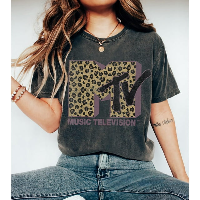 T-shirt Logo Audacieux Imprimé Léopard Classique pour Femmes, Musique Télévision Logo MTV, Rétro Années 80 - Poivre - 3TG