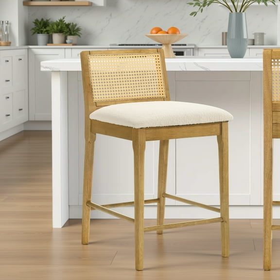 Tobias Coastal Modern Wood Counter Height Kitchen Bar Stool in Amber Glow Finish with White Boucle Fabric Upholstered Seat