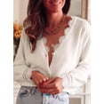 thumbnail image 6 of Lace Trim Mohair Sweaters for Women Pullover V Neck Sweaters Long Sleeve Knitted Sweater Fall Winter Clothes White S, 6 of 10