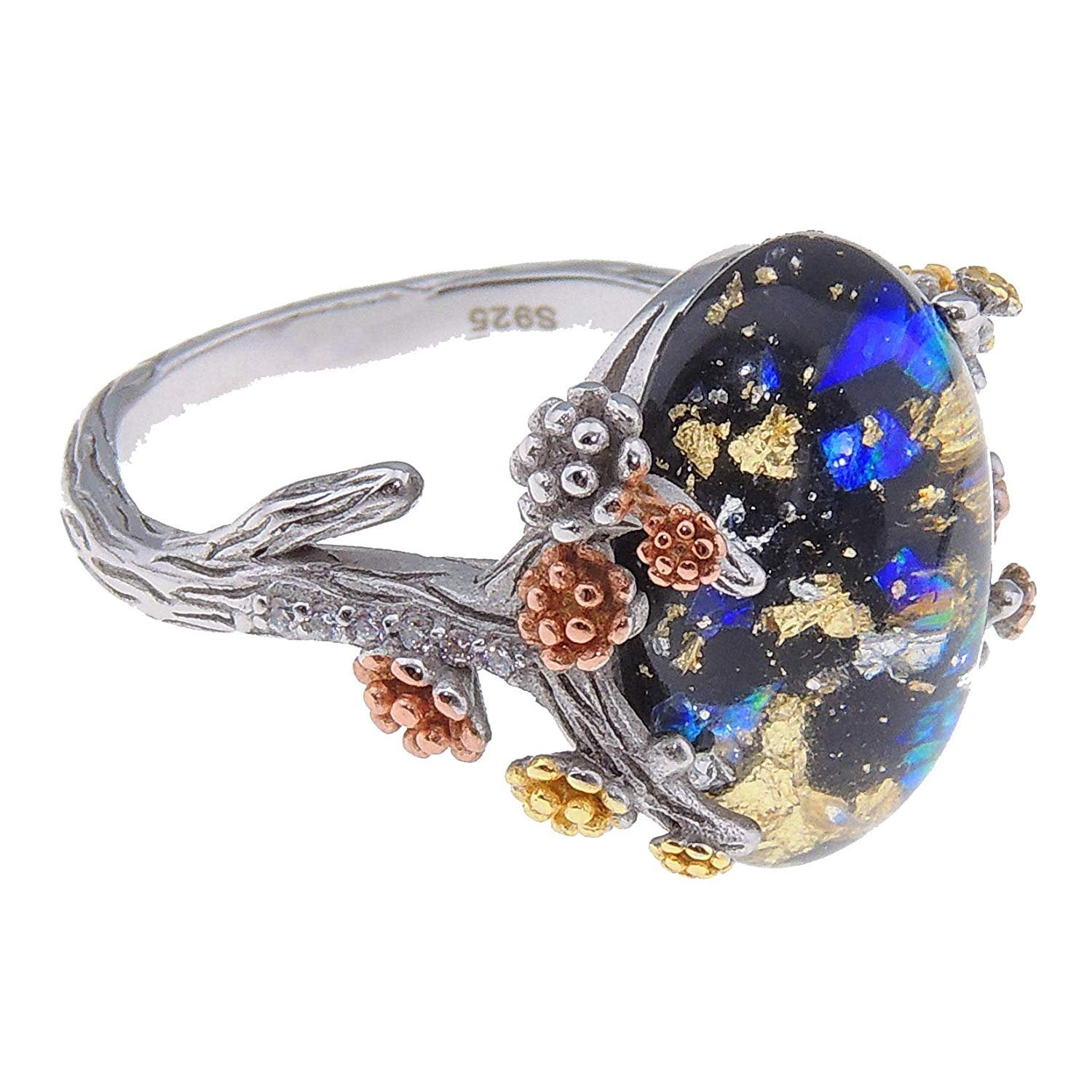 Princess Kylie Synthetic Blue Opal Clear Cubic Zirconia Oval Ring Sterling Silver