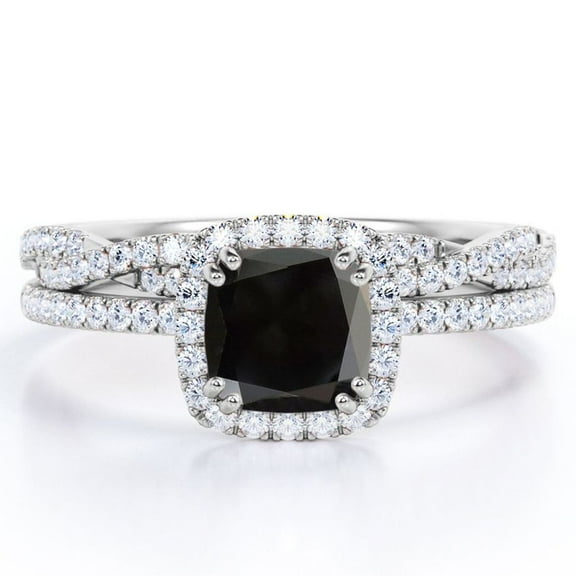 JeenMata Halo Prong Set - 1.5 Carat Cushion Cut Lab Created Black Diamond and Moissanite - Pave Twisted Infinity Wedding Ring Set - 18K White Gold Plating over Silver