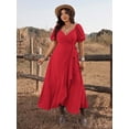 thumbnail image 4 of Rose Red Plus Size Women Tie-Wrap Ruffle Hem Maxi Dress With Puffed Sleeves Boho Western Style, 4 of 8