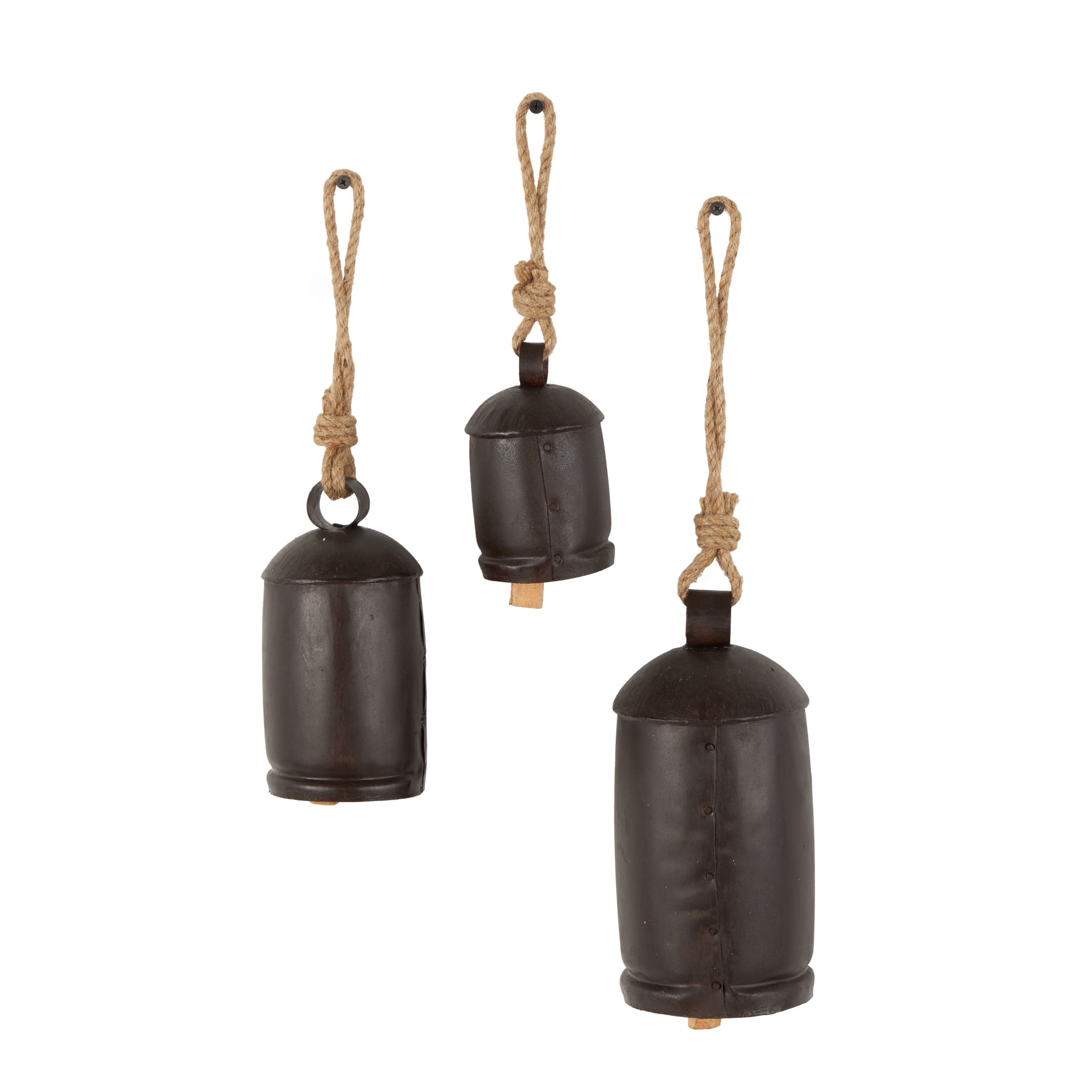 DecMode Tibetan Inspired Dark Brown Metal Cylindrical Decorative Cow Bells with Jute Hanging Rope, 3 Count