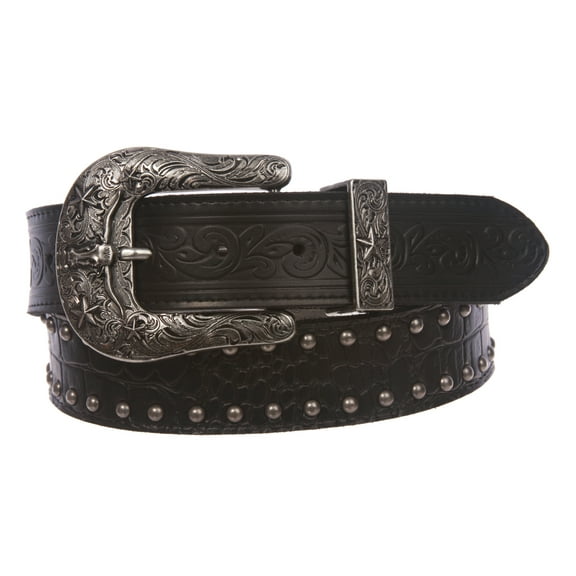 Snap On Western Crocodile Print Stitching-Edged Studded Leather Belt