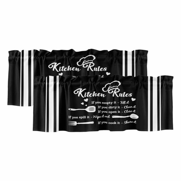 2 Pack Kitchen Rules Valance for Window Tableware Fork Tableware Black White Kitchen Valance Rod Pocket Short Curtain Topper Decorative Window Treatment for Living Room Bedroom 54"x18"