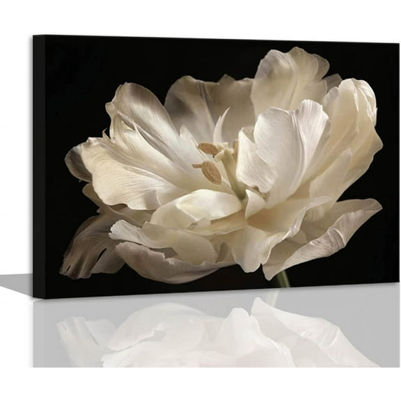 Black Bathroom Decor - White Tulip on Black Background Modern Canvas Wall Art Bathroom Decor Wall Art Black Decor Bathroom Pictures Black and White Wall Art Artwork for Home Walls Framed 12x16inch