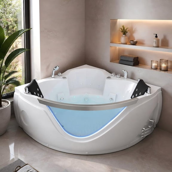 59" x 59" Luxury Two-Person Corner Whirlpool Bathtub with 20 Massage Jets, UL-Certified Motor, Chromotherapy LED Lights, Ergonomic Hydrotherapy Massage Jetted Tub (Left Drain, Milk White)