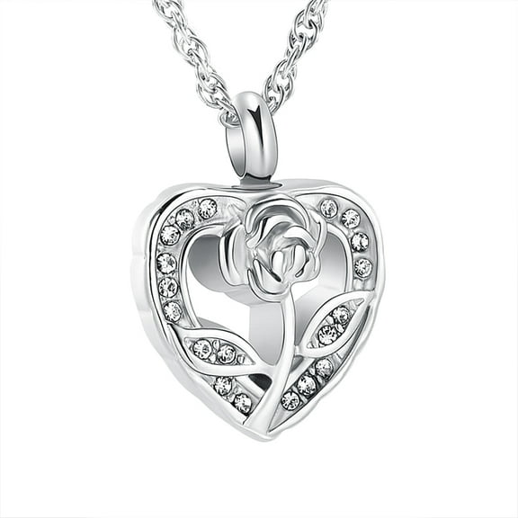 Rose Flower & Heart Cremation Urn Necklace for Ashes for Women Stainless Steel Keepsakes Pendant Memorial Jewelry