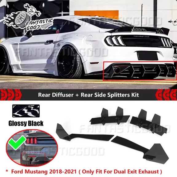 For Ford Mustang 2018-2021 Glossy Black Rear Diffuser   Rear Side Splitter Kit