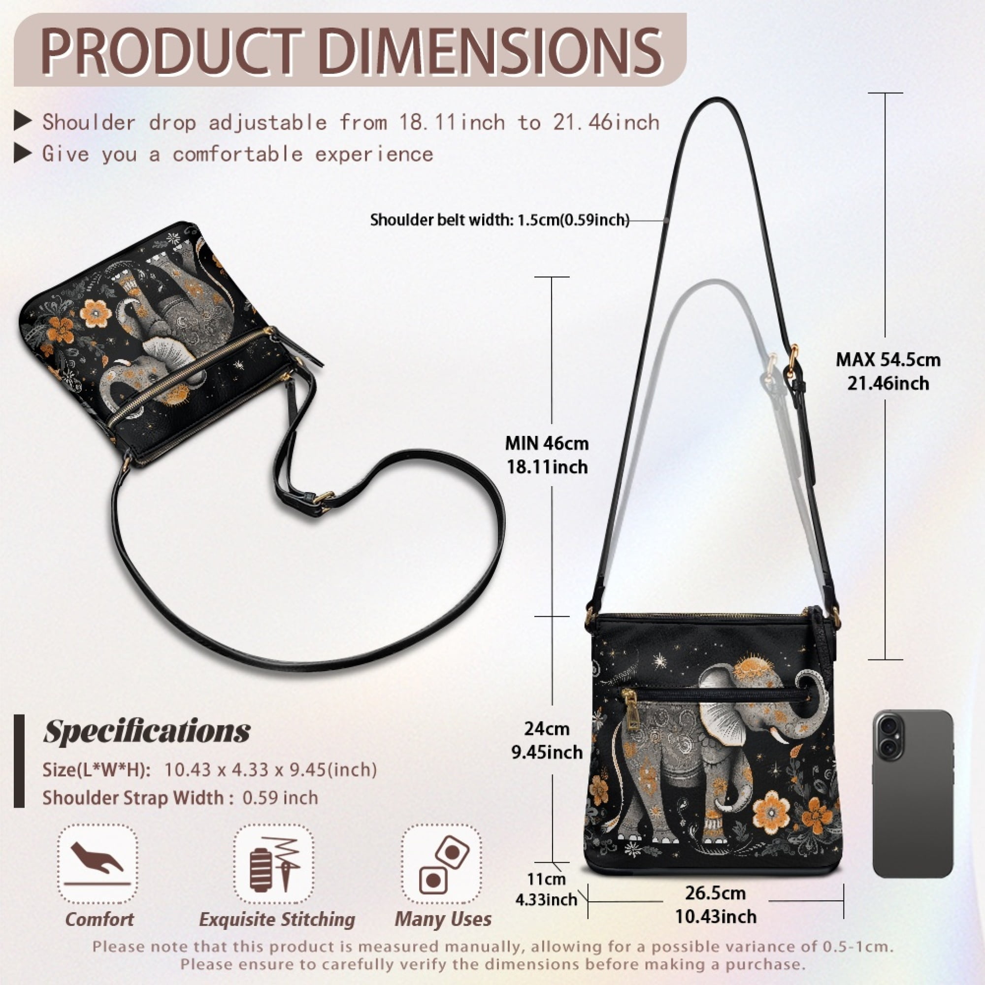 Kuiaobaty Elephant Flower Print Crossbody Bag for Women Travel, Lightweight Vegan Leather Crossbody Purse with Smooth Zipper, Casual Multi Pocket Shoulder Handbag, Waterproof Sling Bag