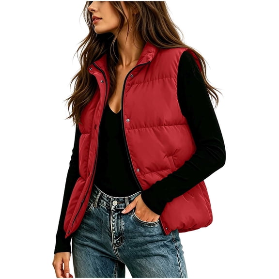 cocolona Puffer Vest for Women Stand Collar Zipper Snap Sleeveless Jacket Casual LightWeight Winter Warm Outerwear