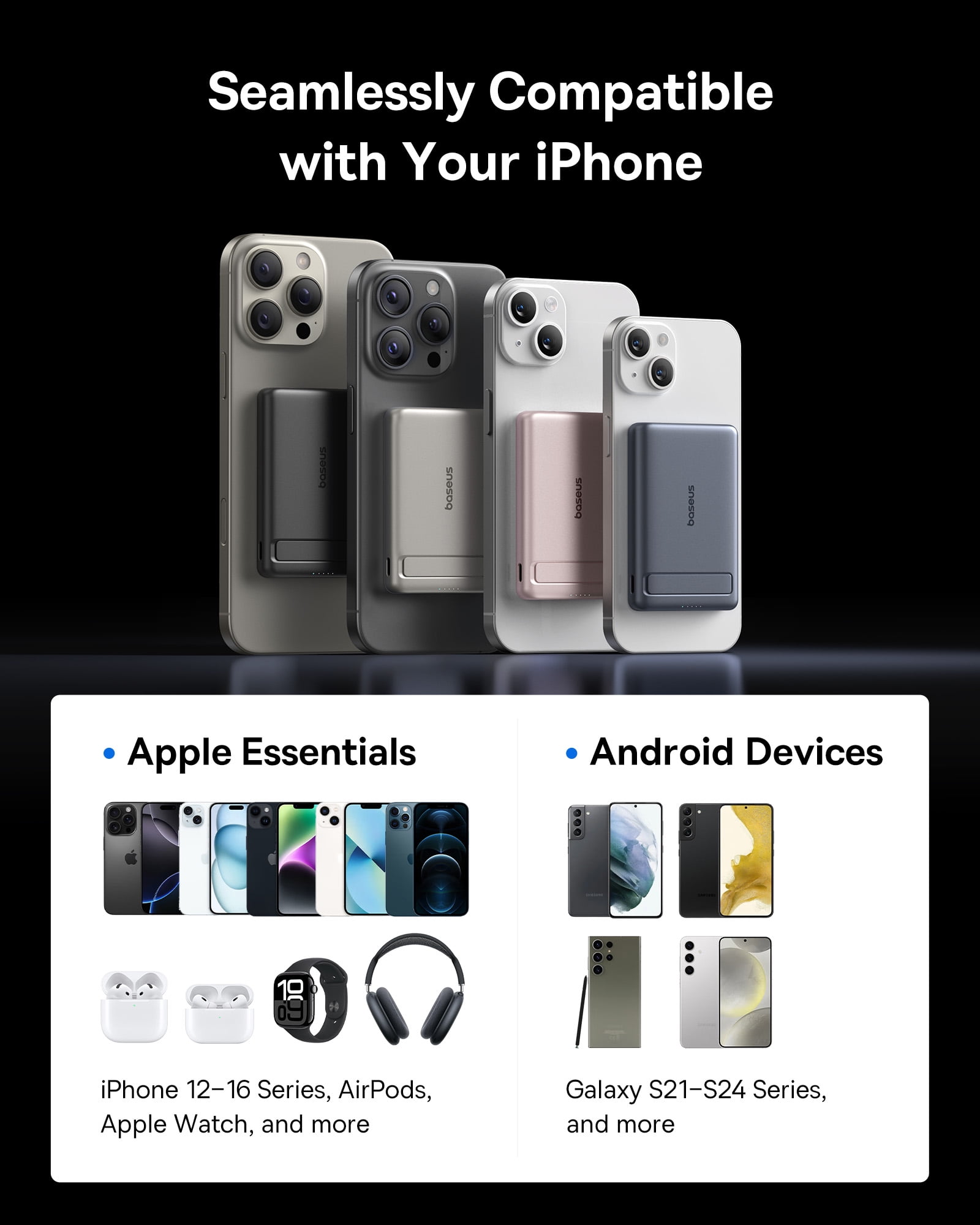 Baseus PicoGo Ultra-Slim Magnetic Power Bank 5000mAh 15W , Portable MagSafe Battery Pack with Foldable Stand, Qi2 Certified 15W Wireless Fast Charger for iPhone 17/16/15/14/13 Series