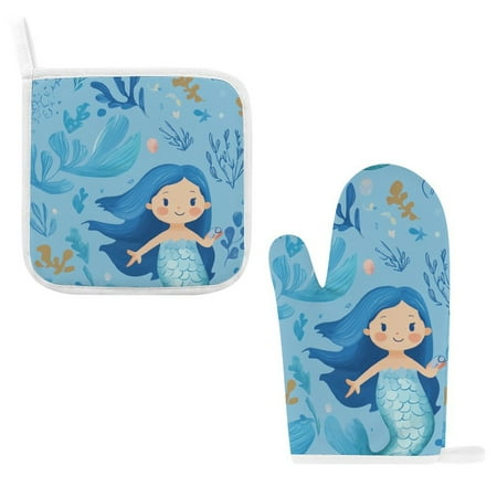 

ZZZHY Gleeful Blue Mermaid-391 Oven Mitts and Pot Holders Sets Heat Resistant Oven Gloves Cute Kitchen Mitts for Oven 2-Piece Baking Gloves Set for Cooking Grilling Baking