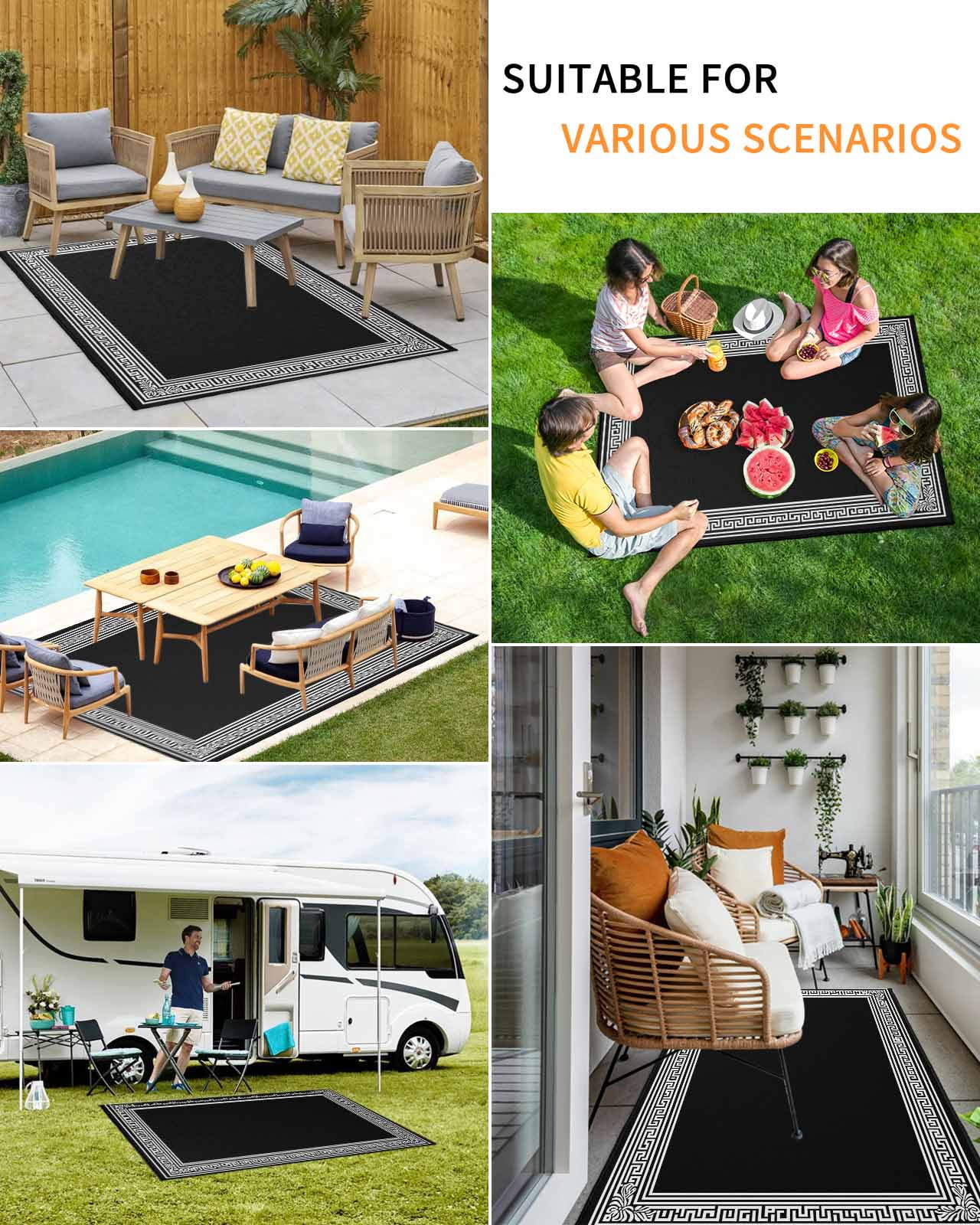 Outdoor Rug 6x9 ft Black White Greek Key Pattern Waterproof Outdoor Patio Rug Mat Non Slip Outside Area Rugs Carpet for RV,Camping,Porch,Deck,Pool,Balconybackyard,Geometric Modern