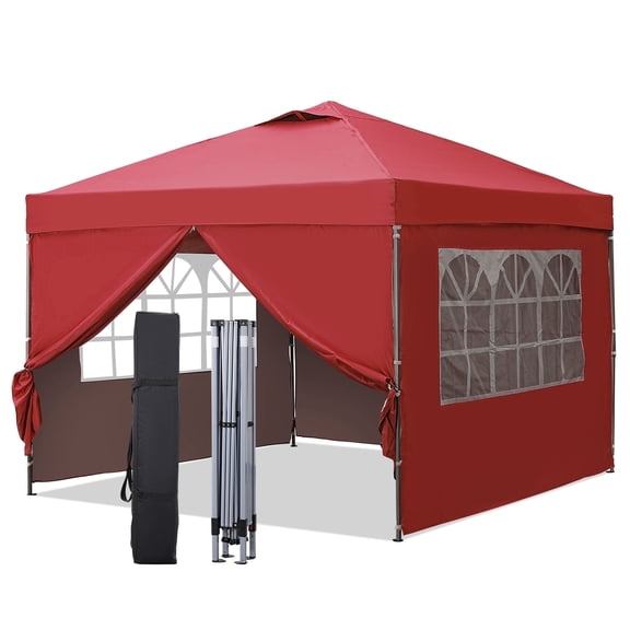 Outdoor Basic 10'x10' Easy Set Up Camping Canopy, Pop Up Canopy Tent with 4 Piece Sidewalls & Adjustable Height, for Events, Parties, Gatherings, Camping,Red