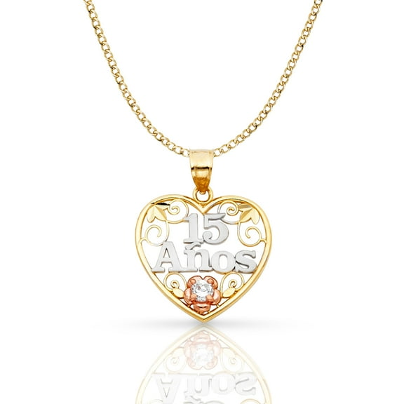 14K Tri Color Gold Sweet 15 Years Quinceanera Heart Charm Pendant with 2.4mm Hollow Cuban Chain Necklace