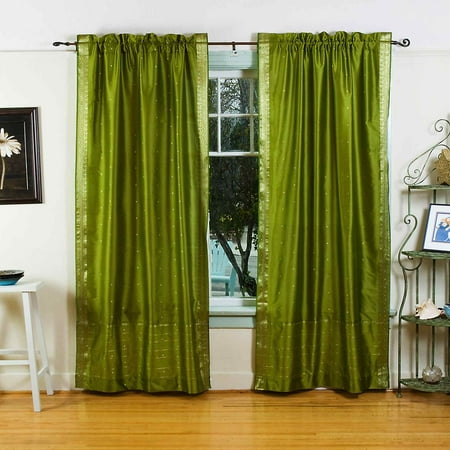 Olive Green Rod Pocket Sheer Sari Curtain Drape Panel Piece