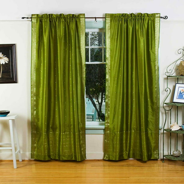 Lined Olive Green Rod Pocket Sheer Sari, Sheer Green Curtains