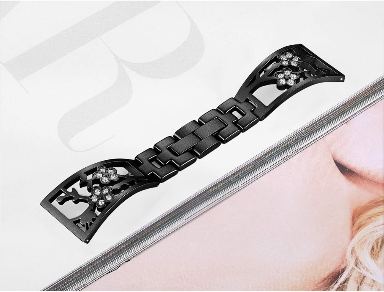 REQO Stainless Steel Bands Compatible with Fitbit Versa 2/Versa Lite/Versa for Women, Luxurious Bling Bracelet with Rhinestone Metal Wristbands