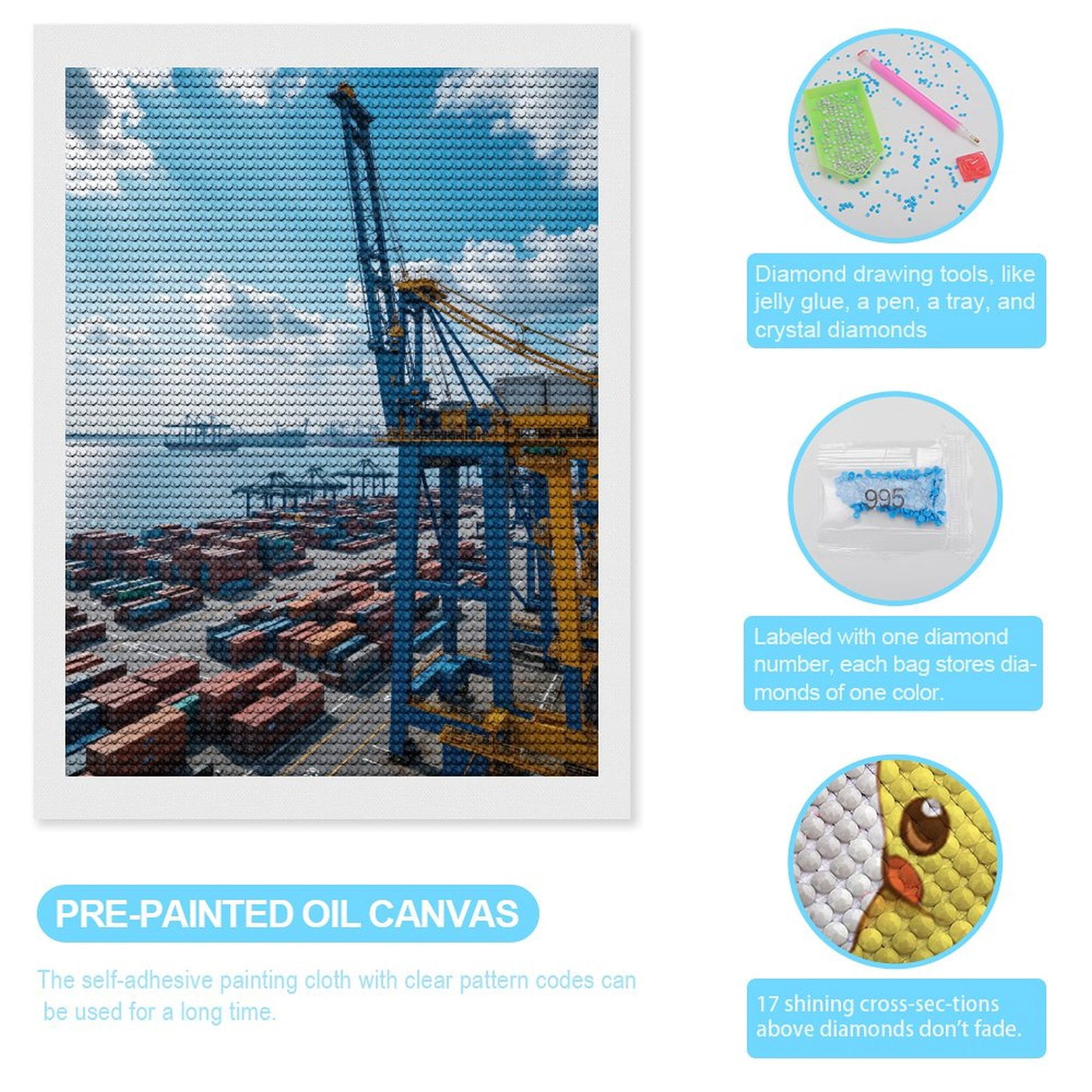 Diamond Art Kits for Adults, Cargo Port With Shipping Containers 5D Diamond Painting Kits for Adults Beginners, DIY Full Drill Diamond Painting, Gem Art and Crafts 12x16