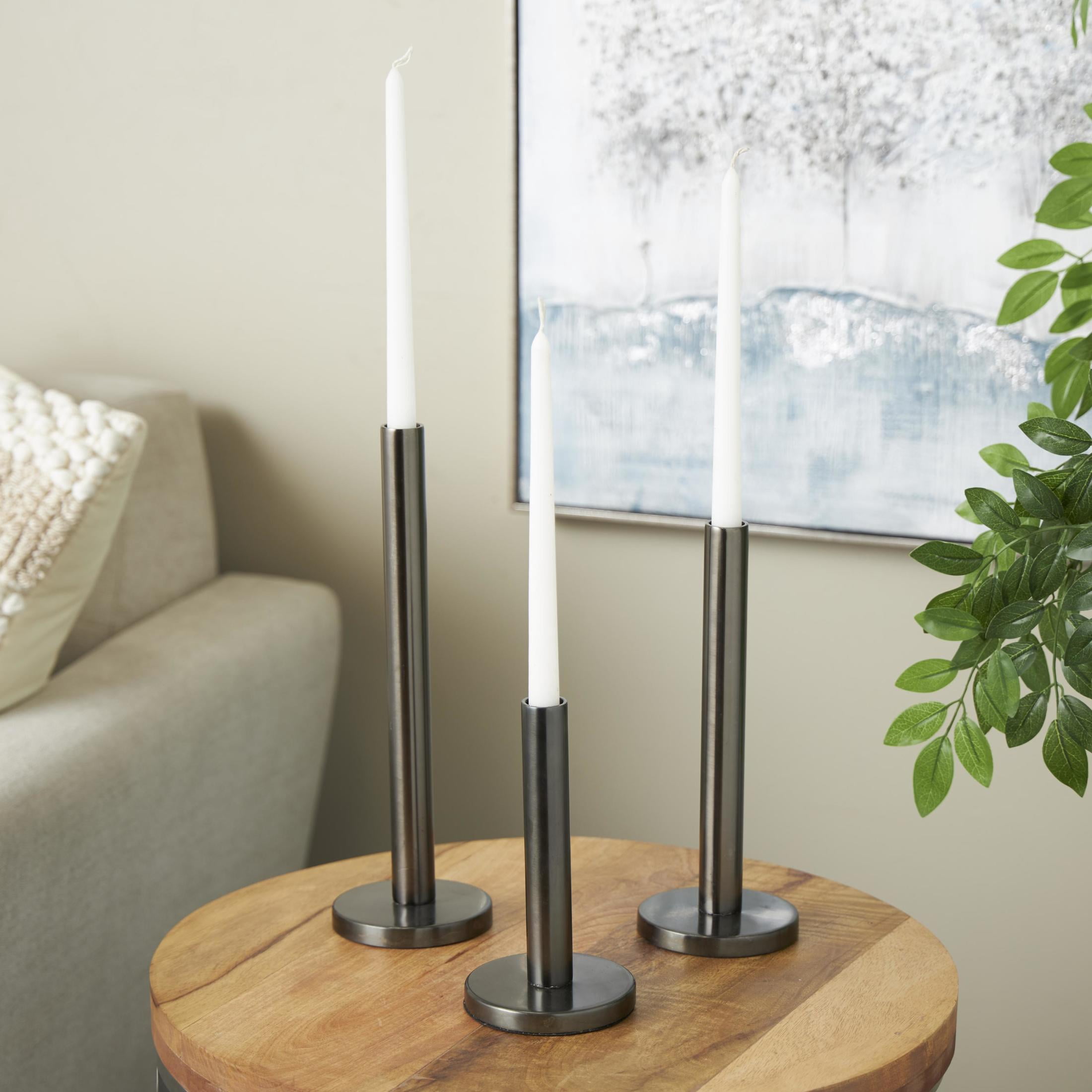 DecMode 3 Candle Black Stainless Steel Metal Slim Candle Holder with Round Base, Set of 3