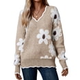 thumbnail image 2 of Sweaters for Women Spring Fall Color Block Ribbed Ruffle V Neck Loose Fit Pullover Knit Y2k Cute Sweater Tops Khaki L, 2 of 9