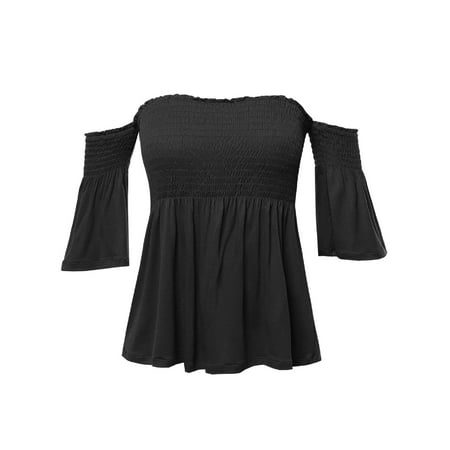 Off Shoulder Smock - FashionOutfit Women's Casual Solid Off Shoulder Smocked Top