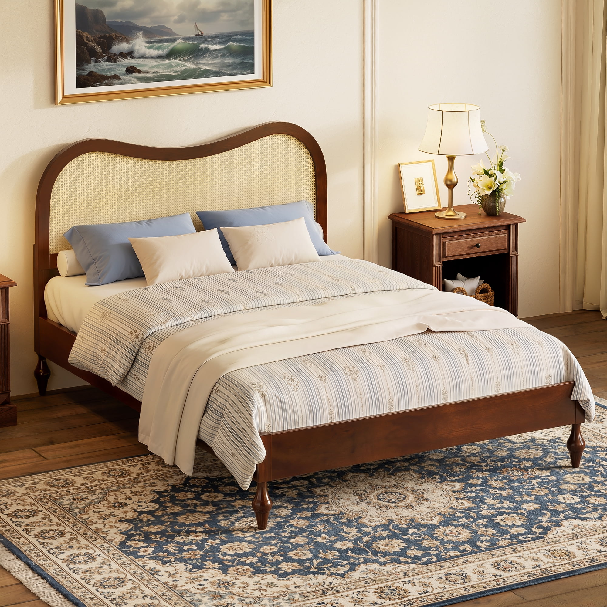Euroco Queen Size Mid-Century Wood Platform Bed with Curved Rattan Cane Headboard, Scandinavian Natural Style Bed, No Box Spring Needed, Walnut