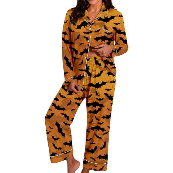 RMGVDSD Halloween Pajamas for Women Set Long Sleeve Long Pants Sleepwear Sets Soft Comfy Nightwear Loungewear Cute Print Pajama 2Pcs Set