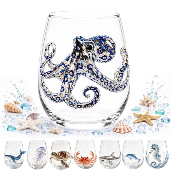 Octopus Glasses,Glass Animals,Artisanal Blue Ringed Octopus Glassware,3D Octopuses Stemless Wine Glasses,Handcrafted Marine Animal Bar Glass for Coastal Home Decor Ocean Lovers,A