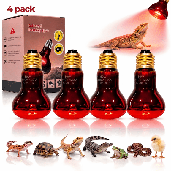 MQAAUP Reptile Heat Lamp 4-Pack 50W Reptile Red Light Heat Bulb E26 110V for Snake Leopard Gecko Tortoise Lizard Terrarium