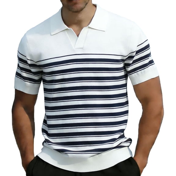 hotojiny Mens Casual Shirt Summer Short Sleeve Sweater Vacation Button Beach Top Striped Knit Stretchy Golf Shirts(White,X-Large)