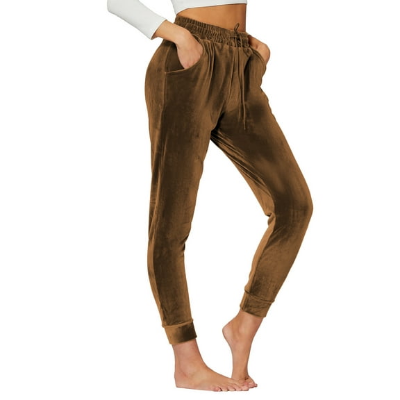 TEMOFON Lounge Jogger Pants for Women Velour Comfy Casual Sweatpants – Brown Joggers with Elastic Waist L