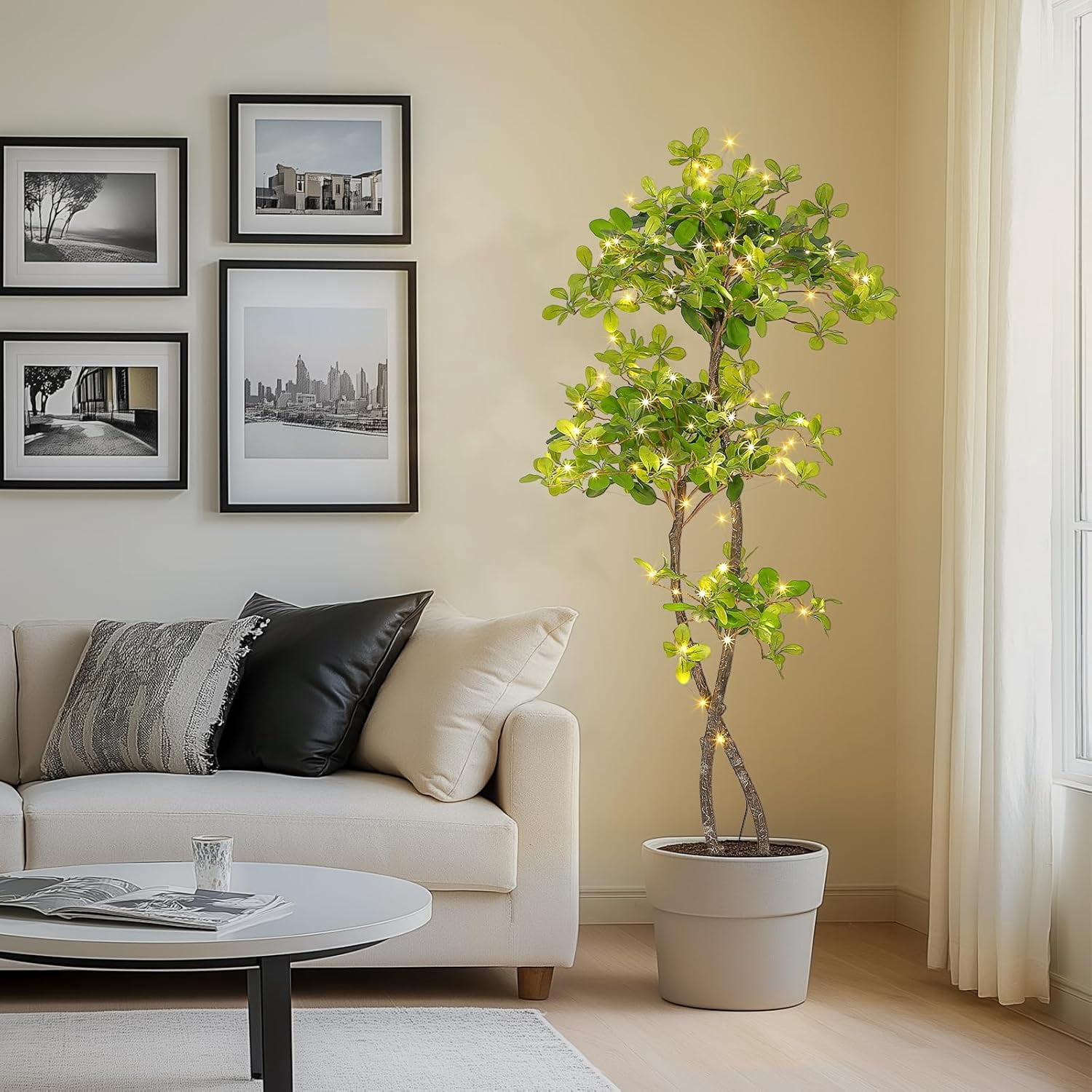 Trilenars Artificial Black Olive Tree,5Ft Tall Faux Olive Tree in Pot with 2 Tier,Fake Plants with 50 Lights and Dimmer for Indoor Living Room