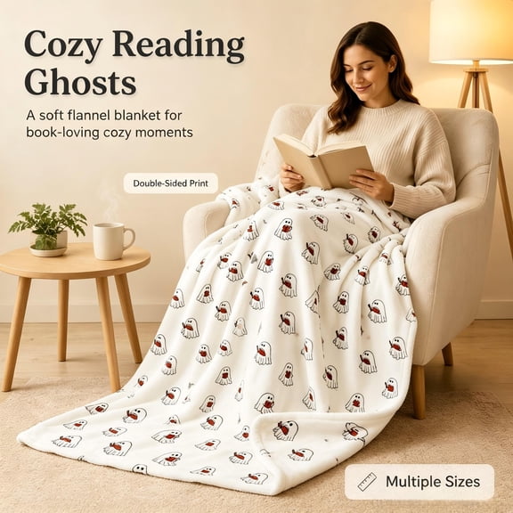 Halloween Ghost Reading Flannel Blanket Double Sided Print Cute Fleece Throw Blanket Soft Cozy Fall Decor for Couch Sofa Bed Living Room 28x39 Inch
