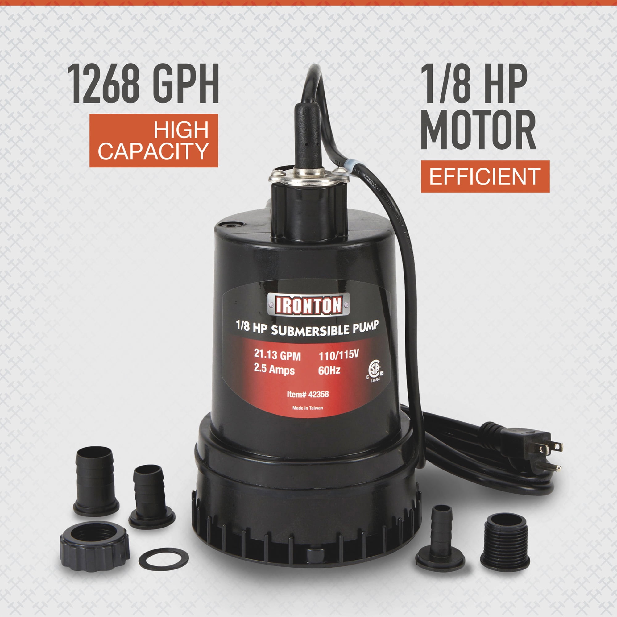 Ironton Submersible Water Pump, 1268 GPH, 1/8 HP, 1in. Port