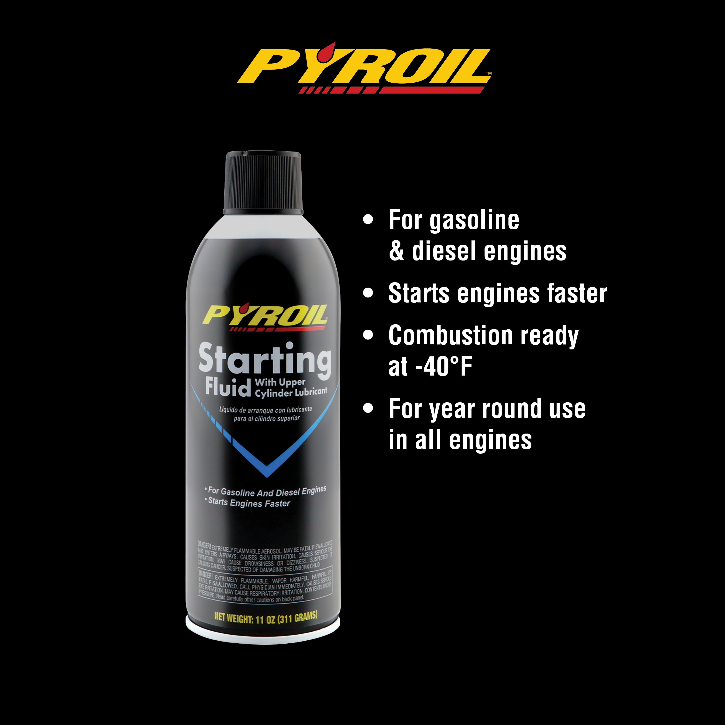 (2 pack) Pyroil Starting Fluid, 11oz Can - New, Starts Gasoline & Diesel Engines, -40°F Ready