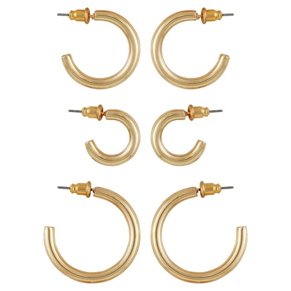 Time and Tru Women's Gold Tone Graduated Hoop Earring Set, 3-Piece