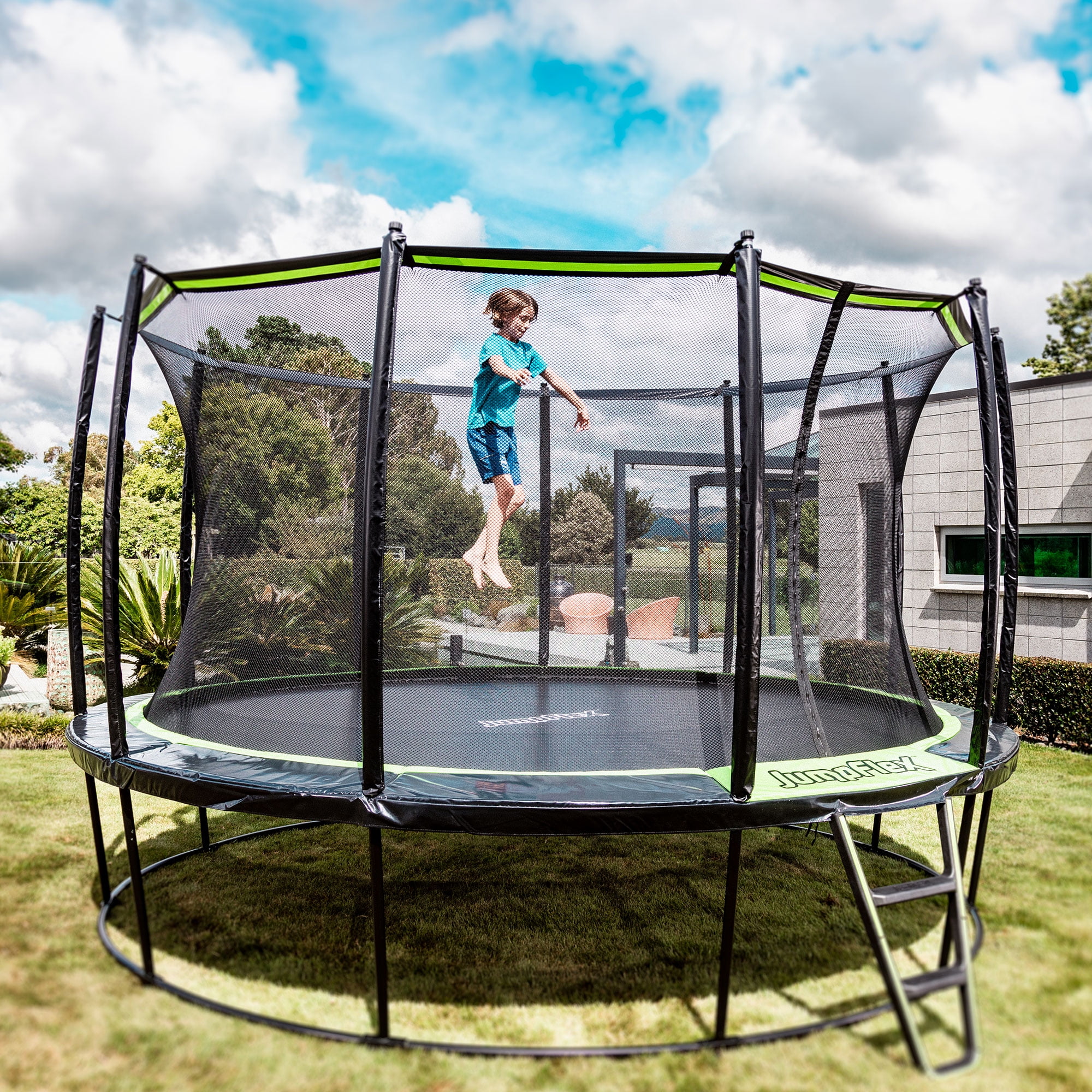 JumpFlex HERO 14' Trampoline with PROJAM Basketball Hoop and Net Attachment