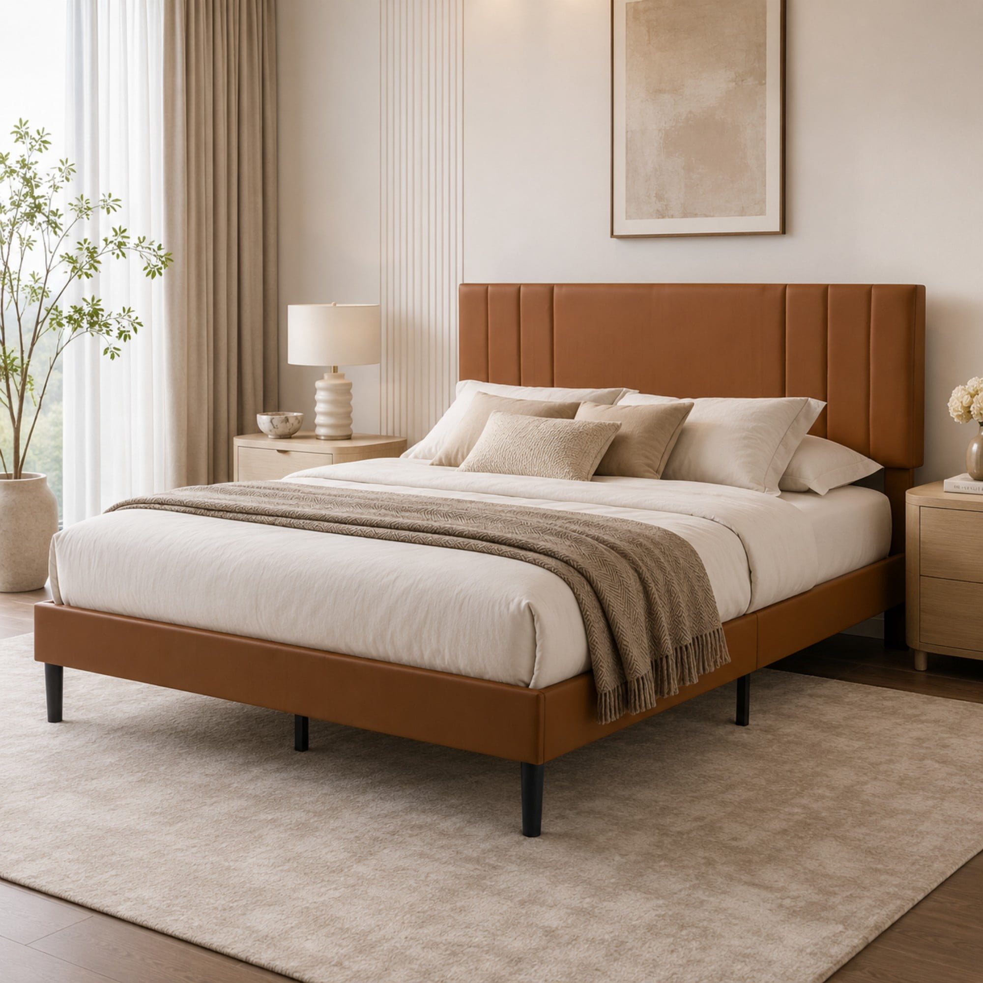 BSHTI Queen Size Faux Leather Upholstered Platform Bed Frame with Adjustable Headboard, Wood Slats, No Box Spring Needed for Bedroom（Brown）