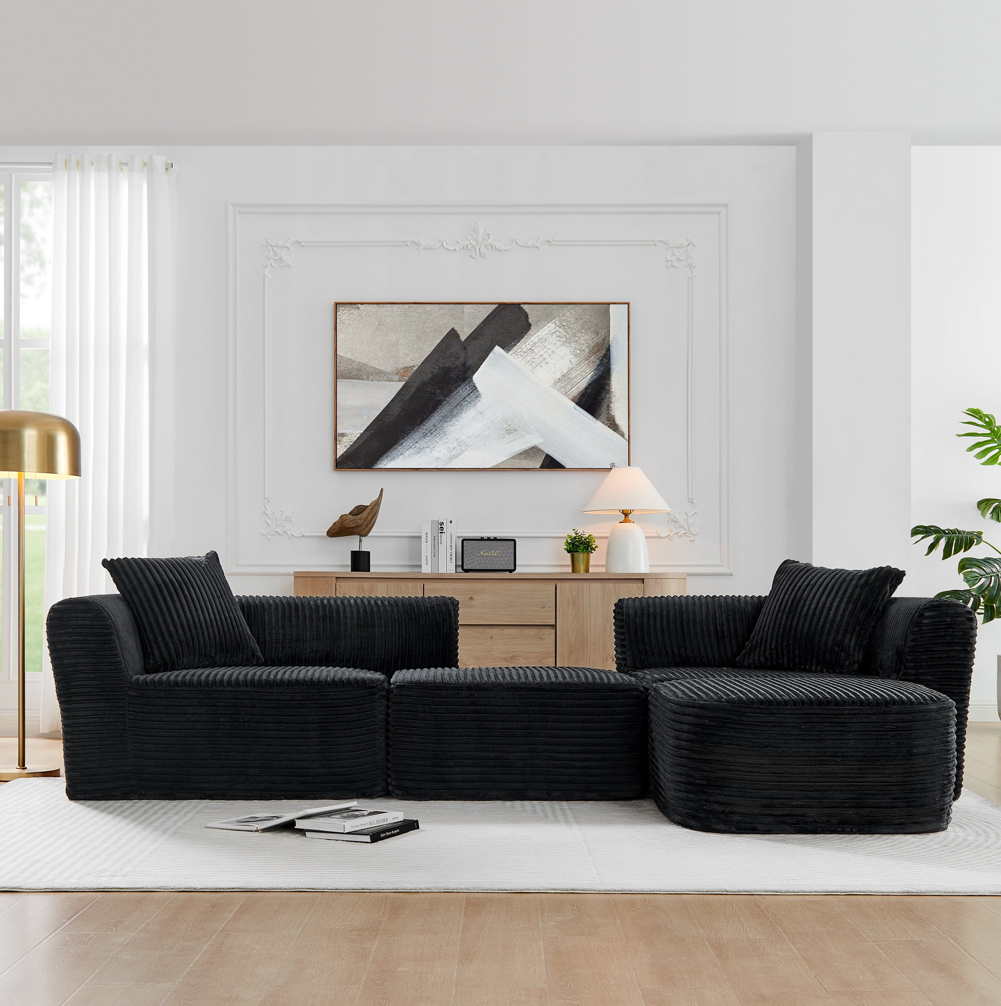 114" Cloud Sectional Sofa with L-Shape Chaise Lounge, Modular Design Includes a Movable Ottoman, Plush Corduroy Fabric, Arrives Fully Assembled for Instant Comfort, Black