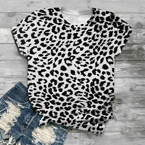 EGNMCR T Shirts for Women Women's Fashion Cute Leopard Print Pullover Casual Bottom Shirt Top