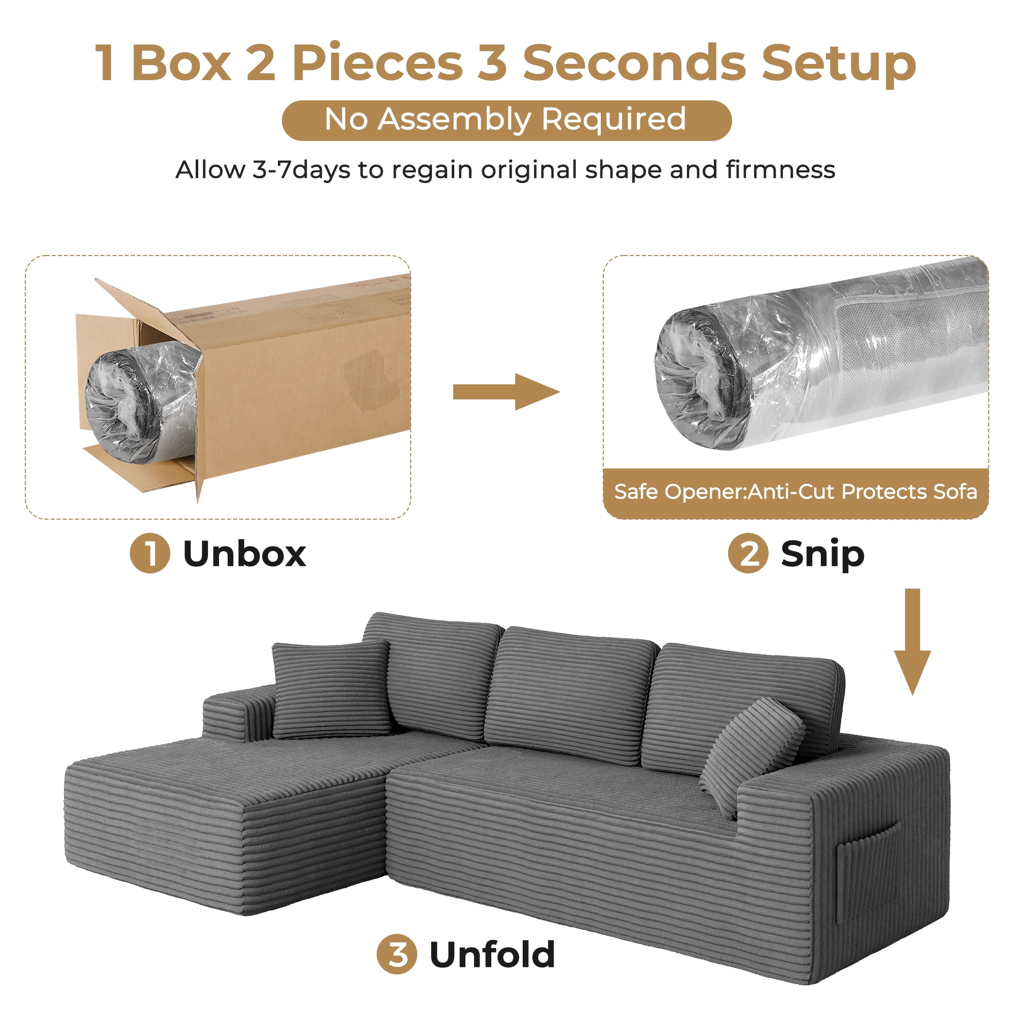 108" Boneless Sofa for Living Room, Neche Modern L-Shaped Corduroy Sectional, Modular Cloud Couch with Deep Seating Upholstered Sofa, Oversized,No Assembly, Gray