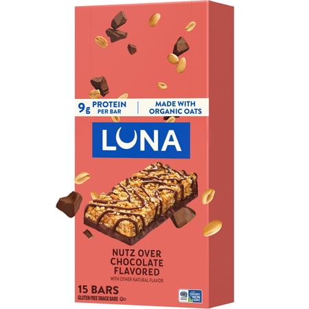 LUNA Nutz Over Chocolate Flavor Gluten Free Snack Bars, Protein Bars, 15ct