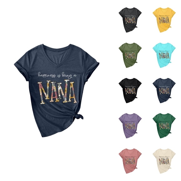 T-shirts pour Femmes « Hapiness Is Being A Nana » 2026 Été Décontracté Manches Courtes Col en V Mignon T-Shirts Graphiques Grand-Maman T-Shirt Fête des Mères
